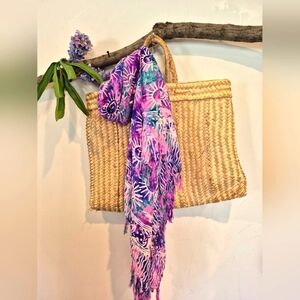 Floral Purple and Pink Batik Beach Sarong With Fringes